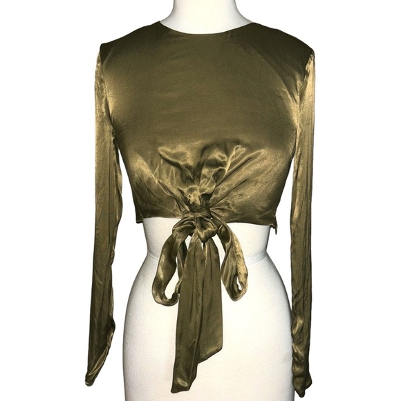ZARA satin olive green tied long sleeve crop top in women’s small - Picture 1 of 12